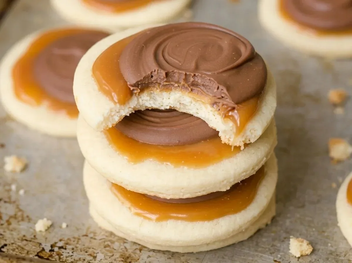 Delicious Twix cookies topped with caramel and chocolate in a tempting plate