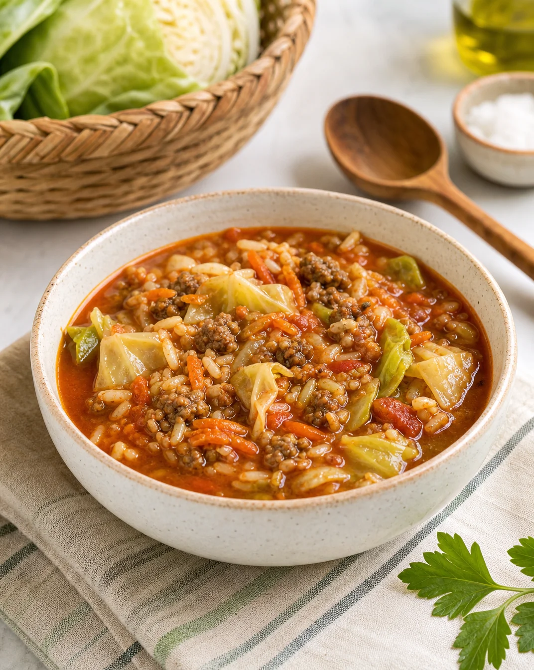 Bowl of unstuffed cabbage roll soup with vegetables and herbs