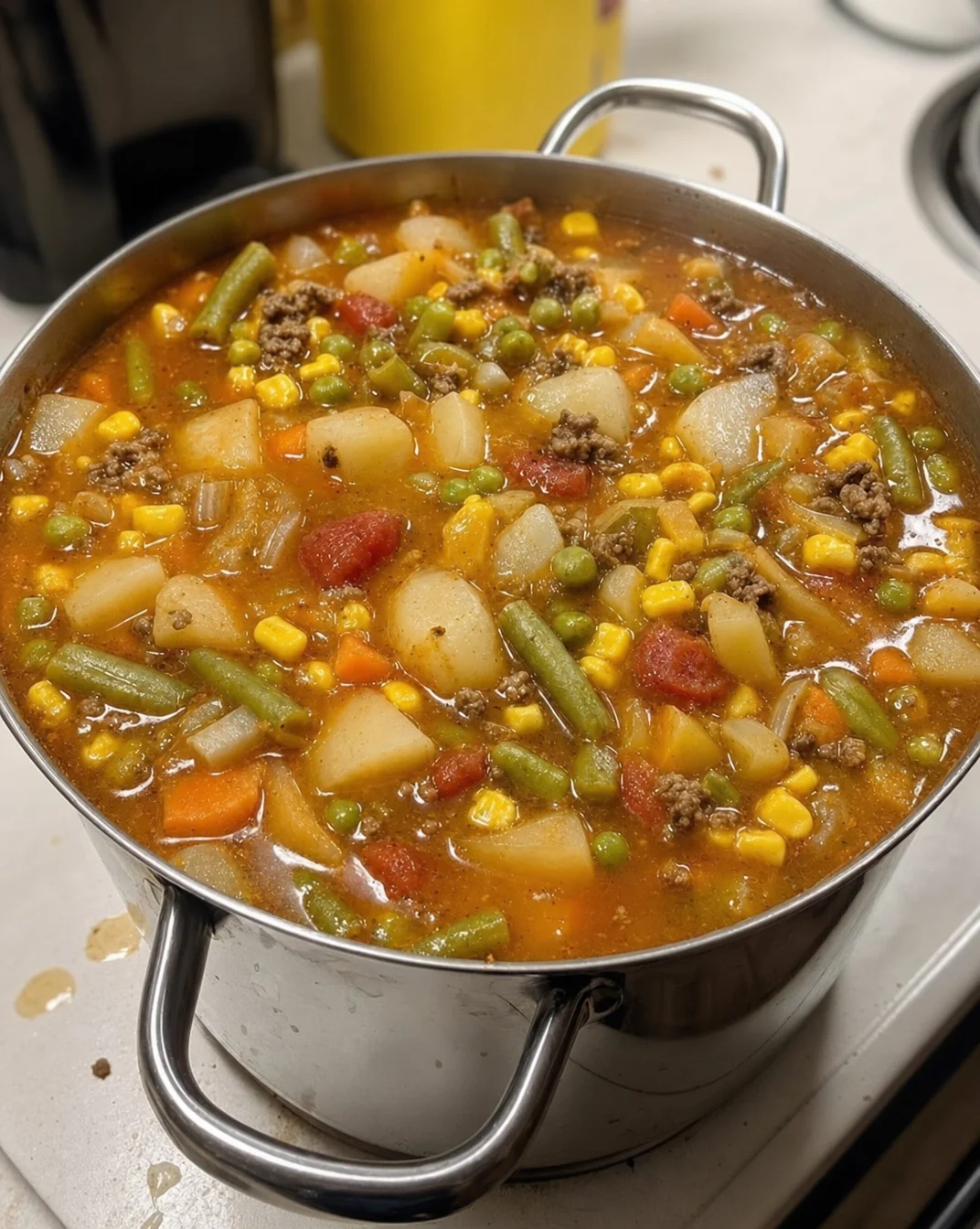 Delicious bowl of homemade vegetable beef soup with fresh vegetables and tender beef.