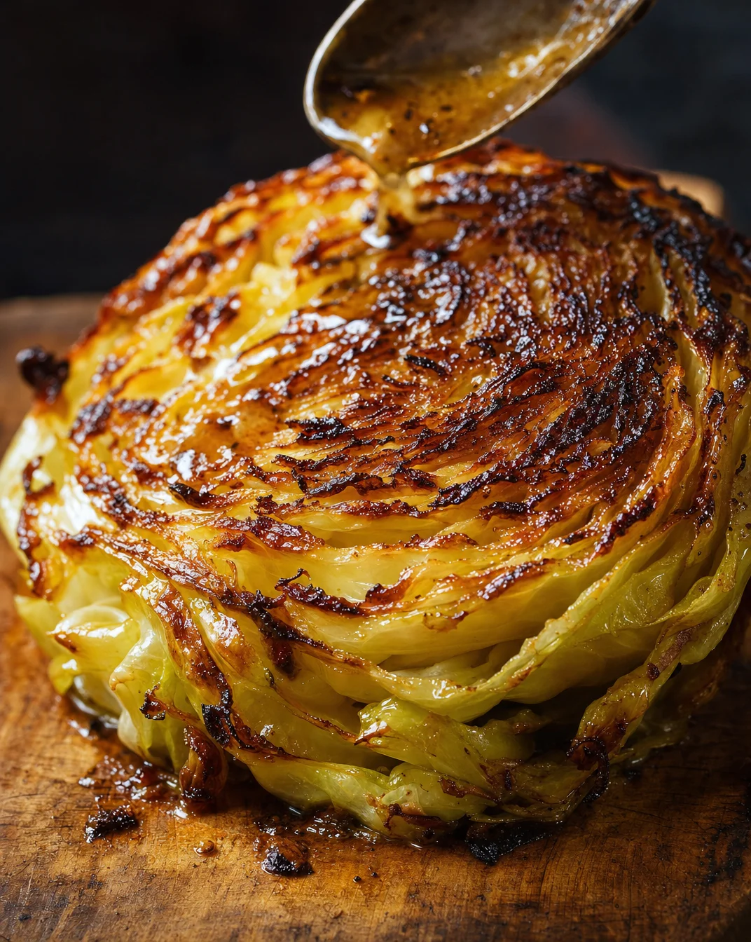 Whole roasted cabbage served on a plate with seasoning and herbs.