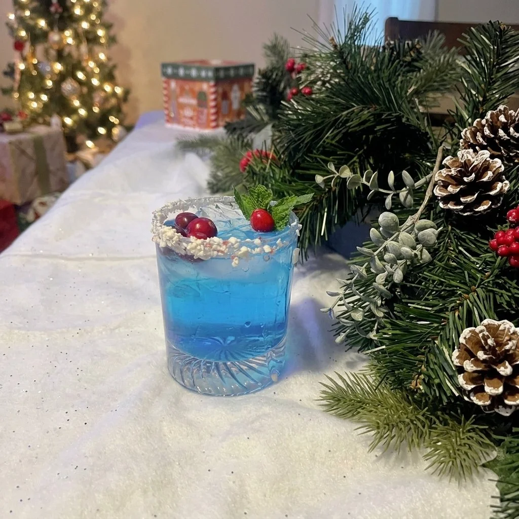 A festive Winter Wonderland cocktail garnished with winter-themed decor.